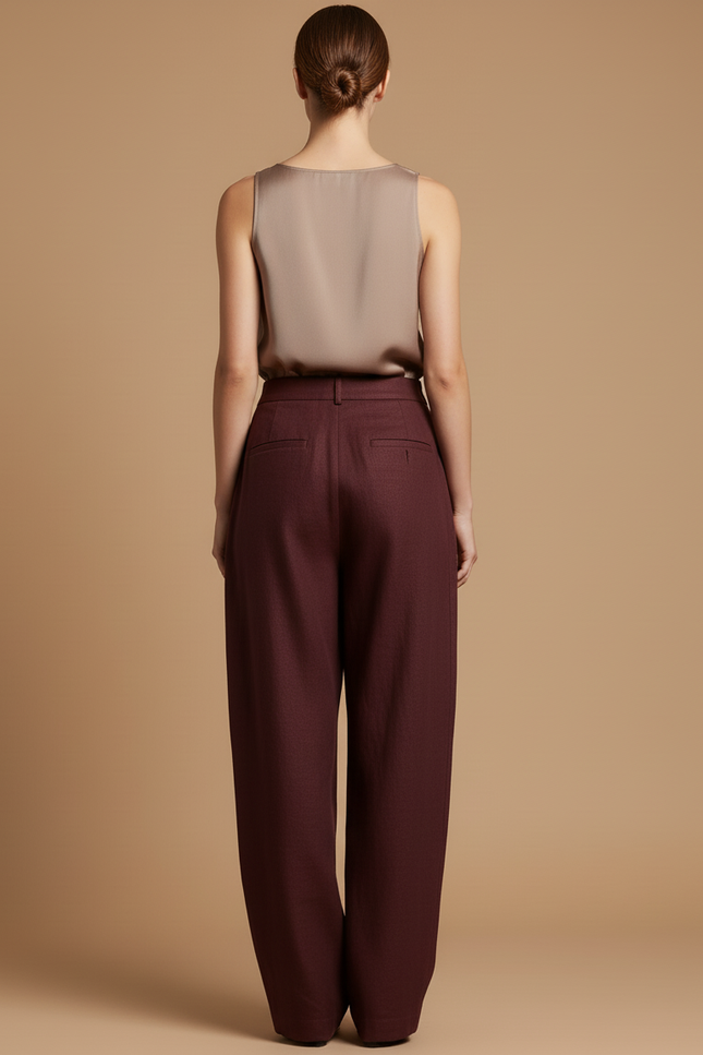 Pantalon Baggy Bordeaux Ample Droit Taille Haute Élégant - Laine - vue 2
