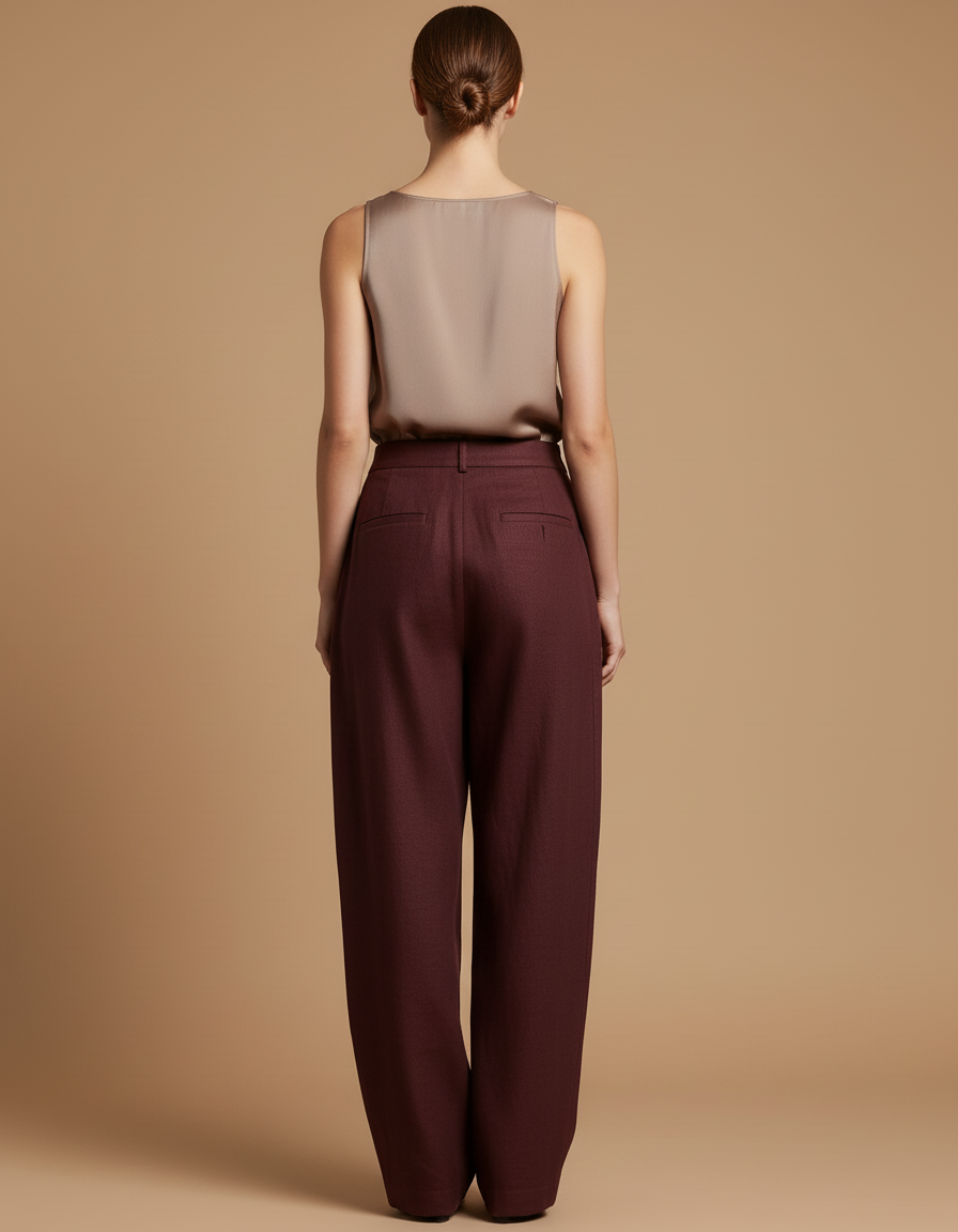 Pantalon Baggy Bordeaux Ample Droit Taille Haute Élégant - Laine - vue 2