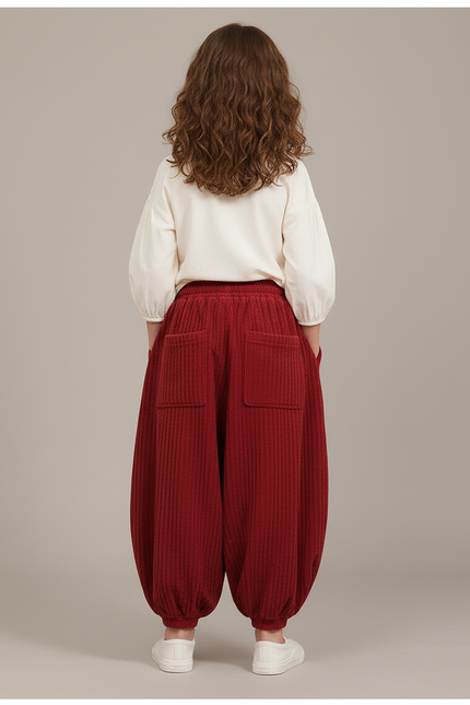 Pantalon Baggy Rouge Côtelé Ample Enfant - Bordeaux Cordé - vue 2
