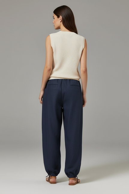 Pantalon Baggy Bleu Marine Ample Lin Décontracté Fluide - vue 2
