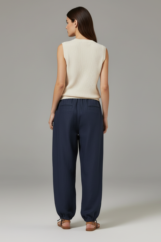 Pantalon Baggy Bleu Marine Ample Lin Décontracté Fluide - vue 2