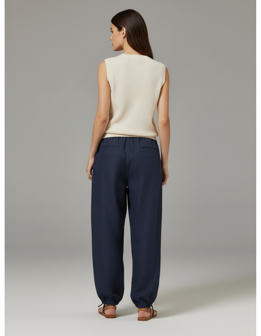 Pantalon Baggy Bleu Marine Ample Lin Décontracté Fluide - vue 2