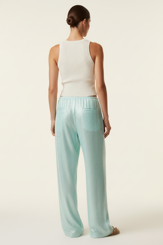 Pantalon Baggy Paillettes Fluide Large Taille Basse - Vert Polyester - vue 2