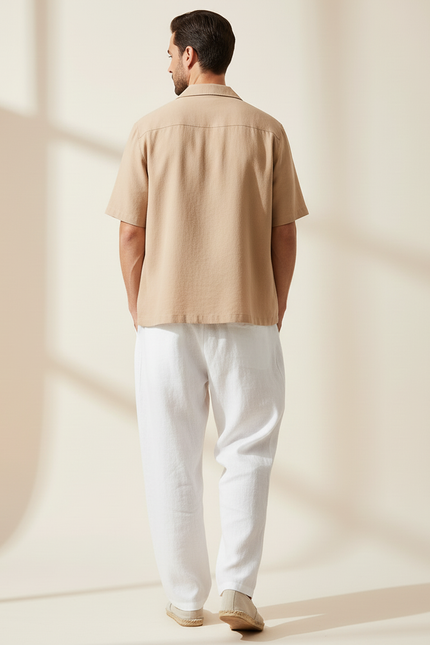Pantalon Baggy Blanc Lin Ample Décontracté Cordon Homme - vue 2