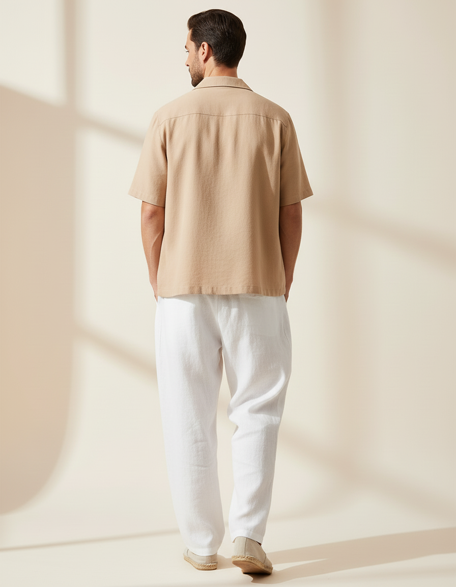 Pantalon Baggy Blanc Lin Ample Décontracté Cordon Homme - vue 2