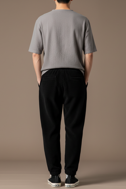 Pantalon Baggy Côtelé Noir Ample Sport Homme - Cordé - vue 2