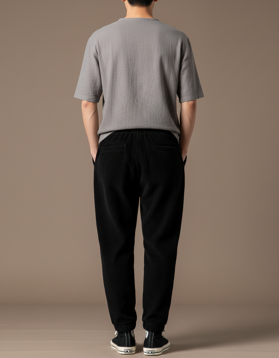 Pantalon Baggy Côtelé Noir Ample Sport Homme - Cordé - vue 2