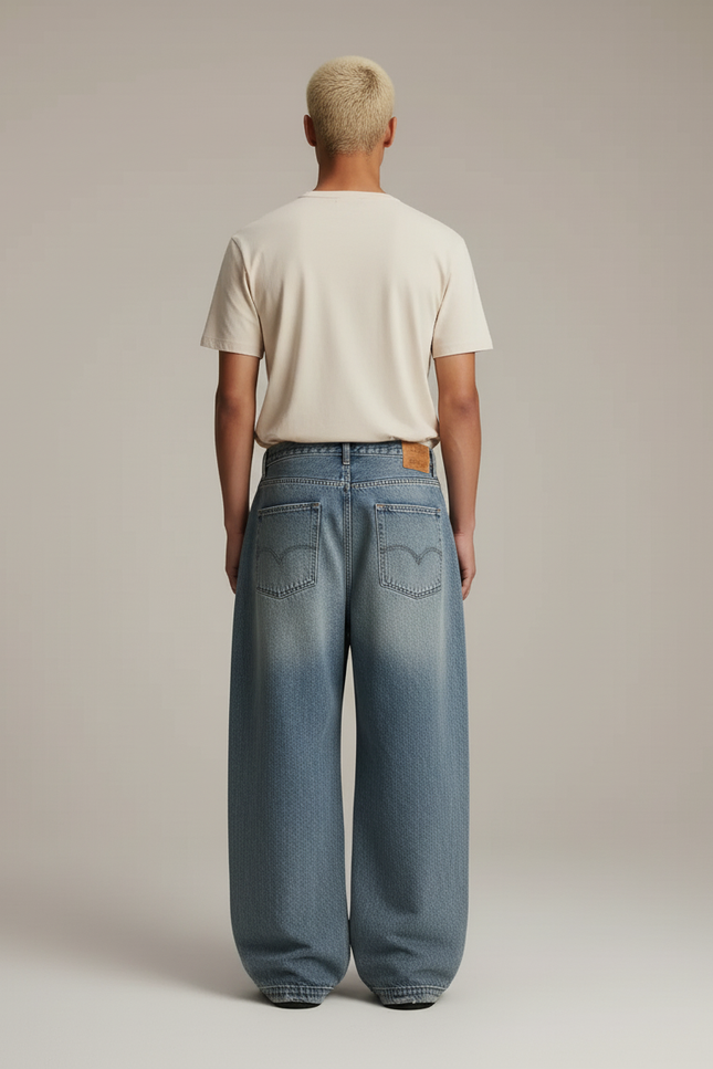 Pantalon Baggy Bleu Jean Ample Délavé Unisexe - vue 2