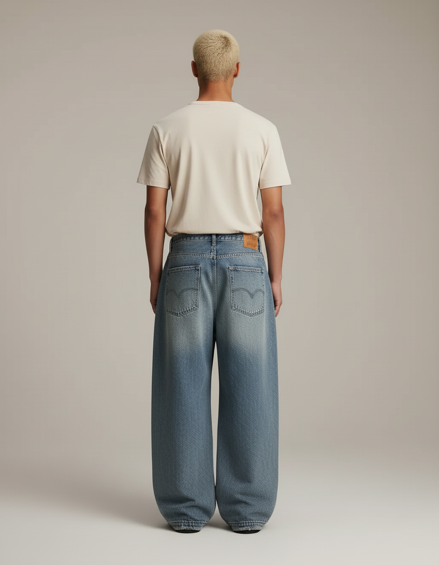Pantalon Baggy Bleu Jean Ample Délavé Unisexe - vue 2