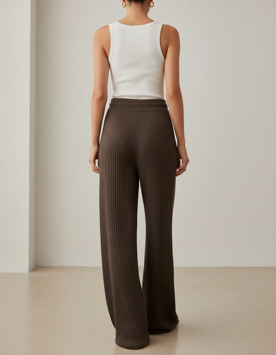 Pantalon Baggy Marron Côtelé Ample Tricoté Taille Haute Femme - Maille - vue 2