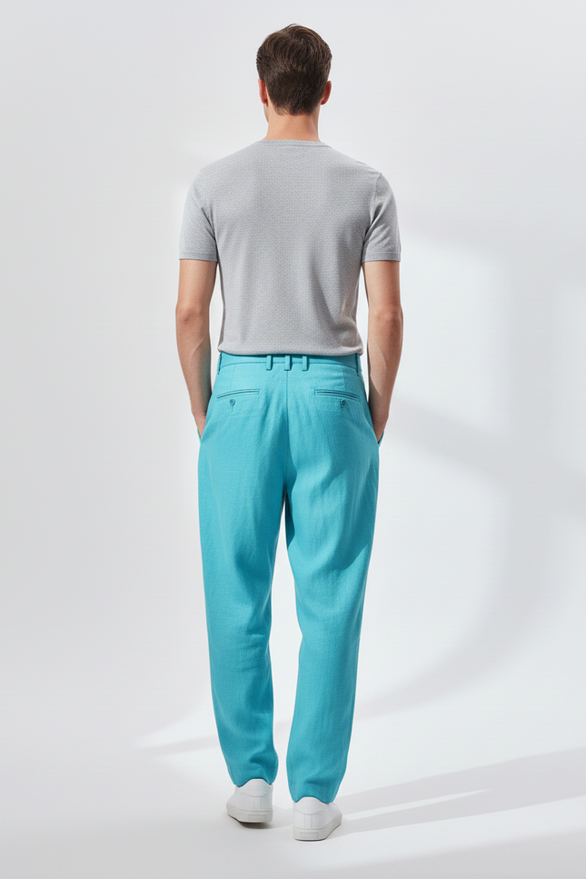 Pantalon Baggy Bleu Turquoise Lin Plissé Ample Homme - vue 2