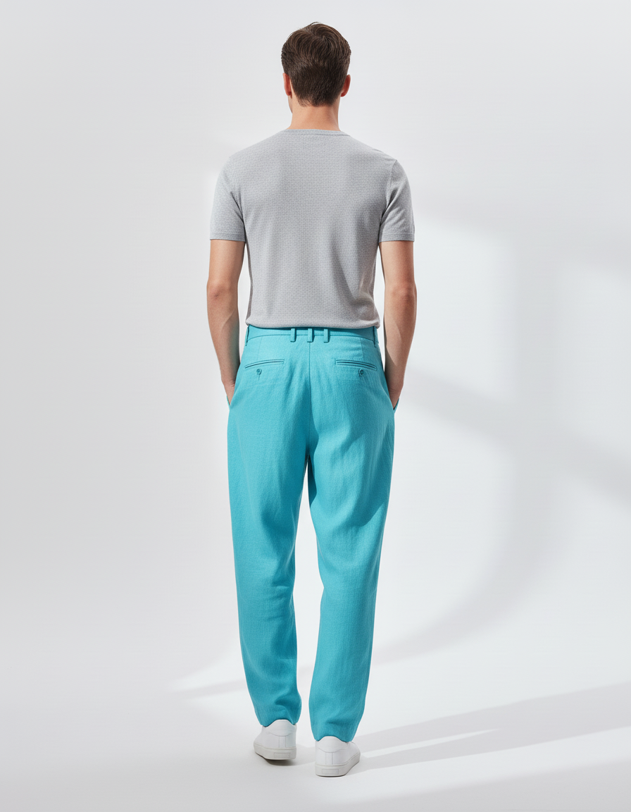Pantalon Baggy Bleu Turquoise Lin Plissé Ample Homme - vue 2