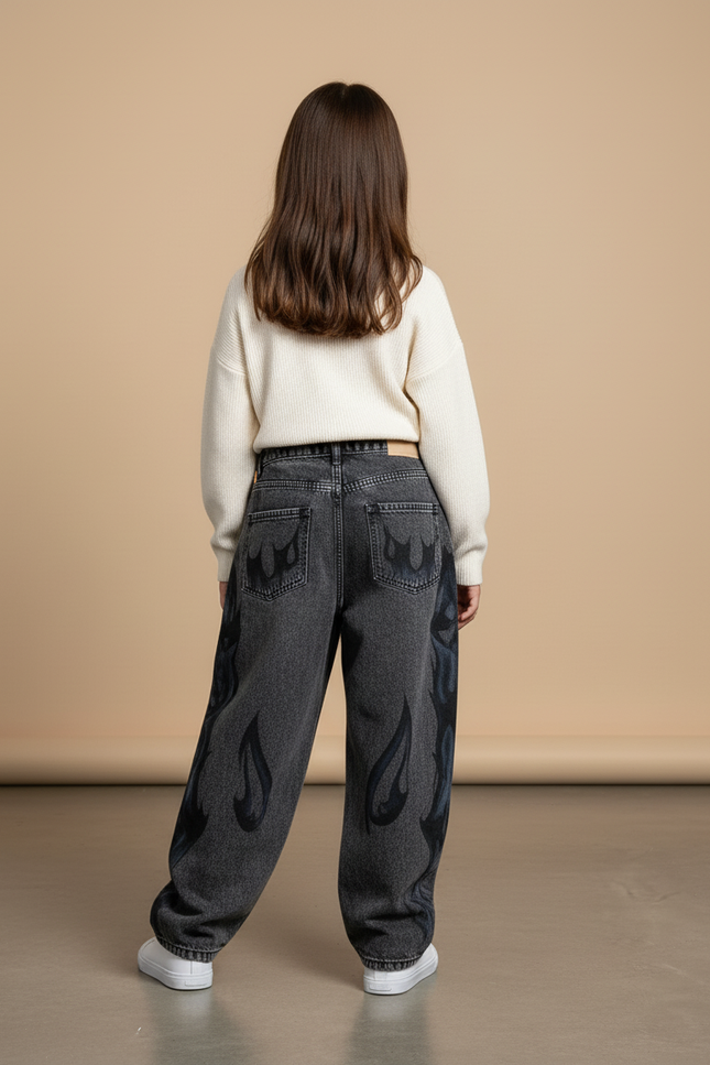 Pantalon Baggy Jean Gris Imprimé Gothique Ample - vue 2