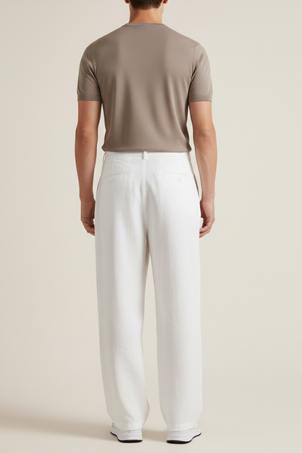 Pantalon Baggy Blanc Lin Plissé Ample Décontracté Homme - vue 2