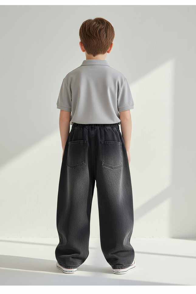 Pantalon Baggy Noir Denim Ample Côtelé Élastique Garçon - Jean - vue 2