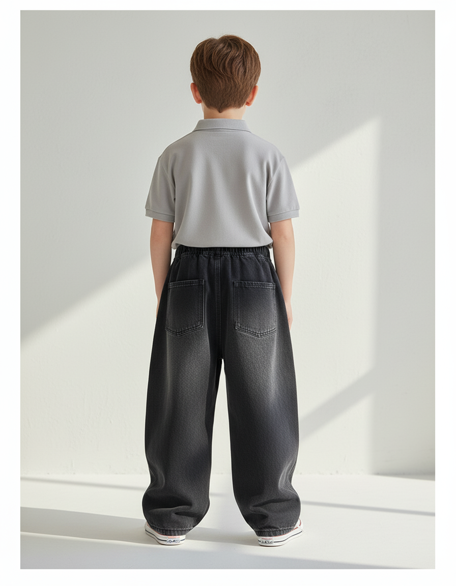 Pantalon Baggy Noir Denim Ample Côtelé Élastique Garçon - Jean - vue 2