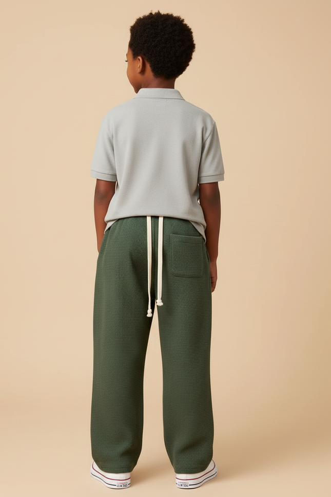 Pantalon Baggy Vert Kaki Ample Cordon Waffle Enfant - Maille - vue 2