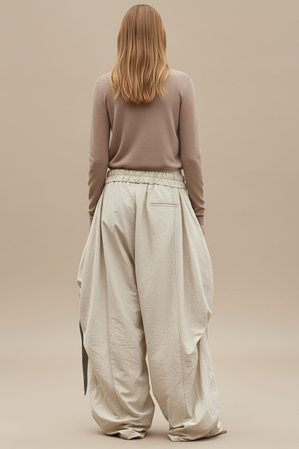 Pantalon Baggy Beige Ample Plissé Décontracté Coton - vue 2