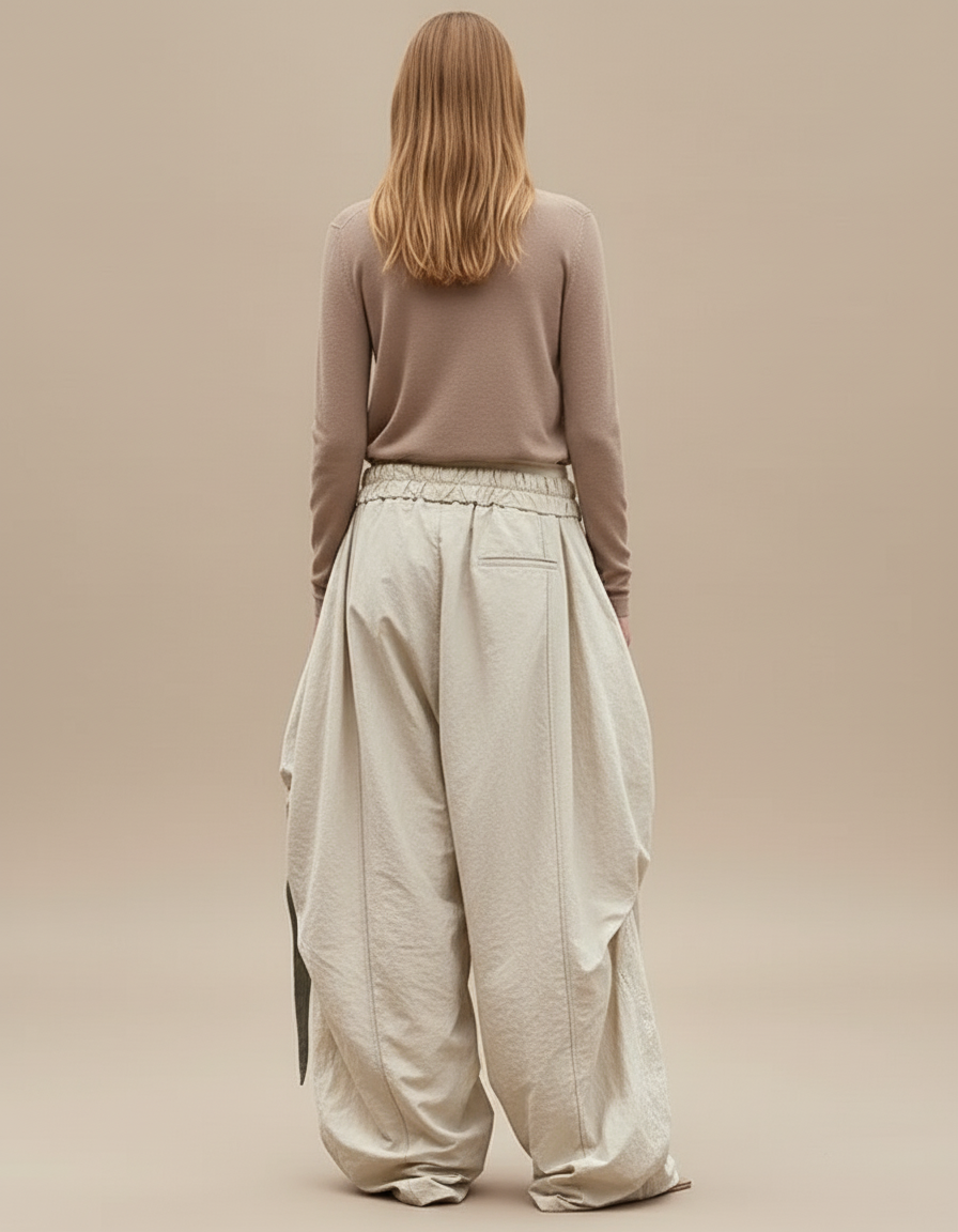 Pantalon Baggy Beige Ample Plissé Décontracté Coton - vue 2