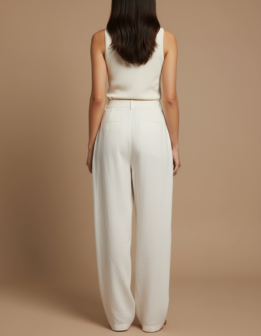 Pantalon Baggy Crème Lin Ample Droit Élégant - Beige - vue 2