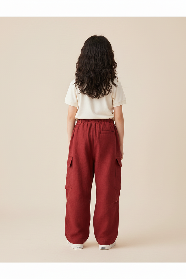 Pantalon Baggy Rouge Cargo Ample Enfant Coton - Bordeaux Lin - vue 2