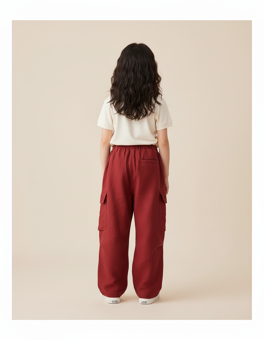 Pantalon Baggy Rouge Cargo Ample Enfant Coton - Bordeaux Lin - vue 2