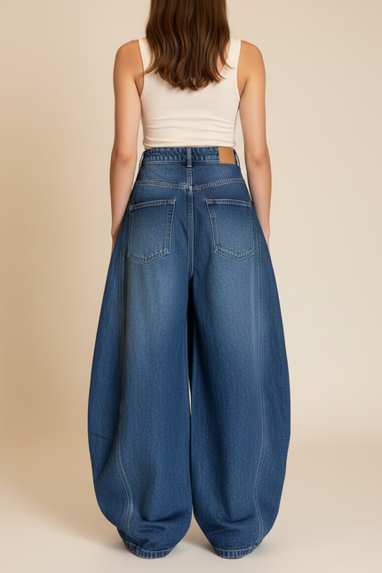 Pantalon Baggy Denim Large Brodé Papillons Chat - Bleu Jean - vue 2