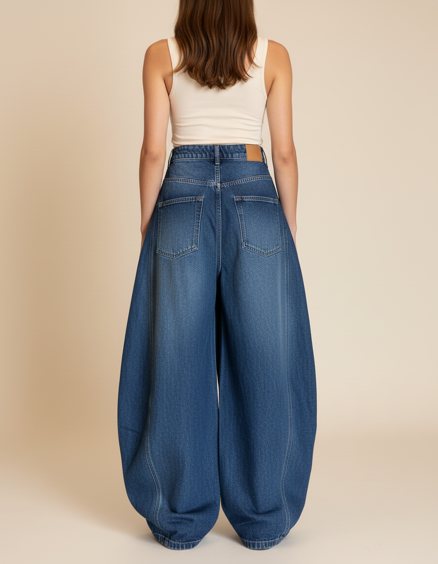 Pantalon Baggy Denim Large Brodé Papillons Chat - Bleu Jean - vue 2