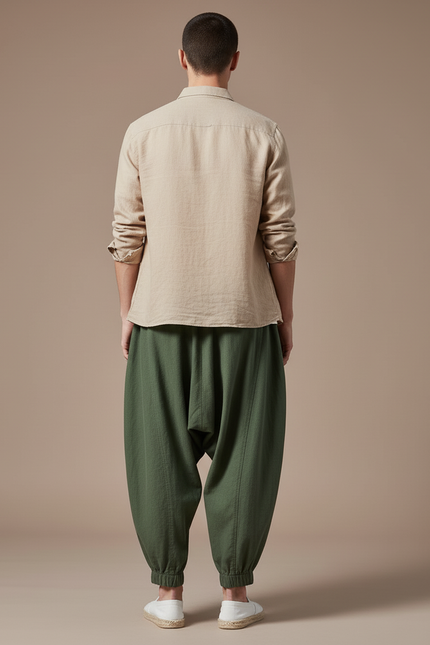 Pantalon Baggy Vert Coton Lin Ample Plissé Homme - vue 2