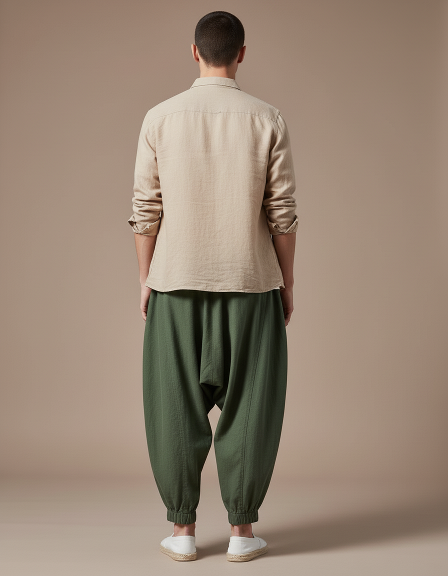 Pantalon Baggy Vert Coton Lin Ample Plissé Homme - vue 2