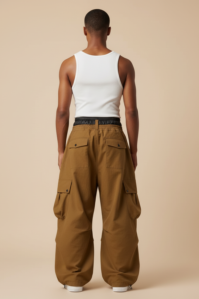 Pantalon Baggy Cargo Marron Ample Plissé Homme - Toile - vue 2
