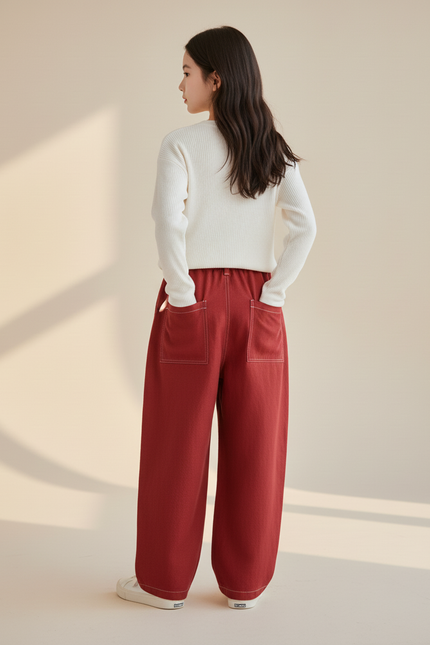 Pantalon Baggy Rouge Ample Enfant Coton Épais - Jean - vue 2