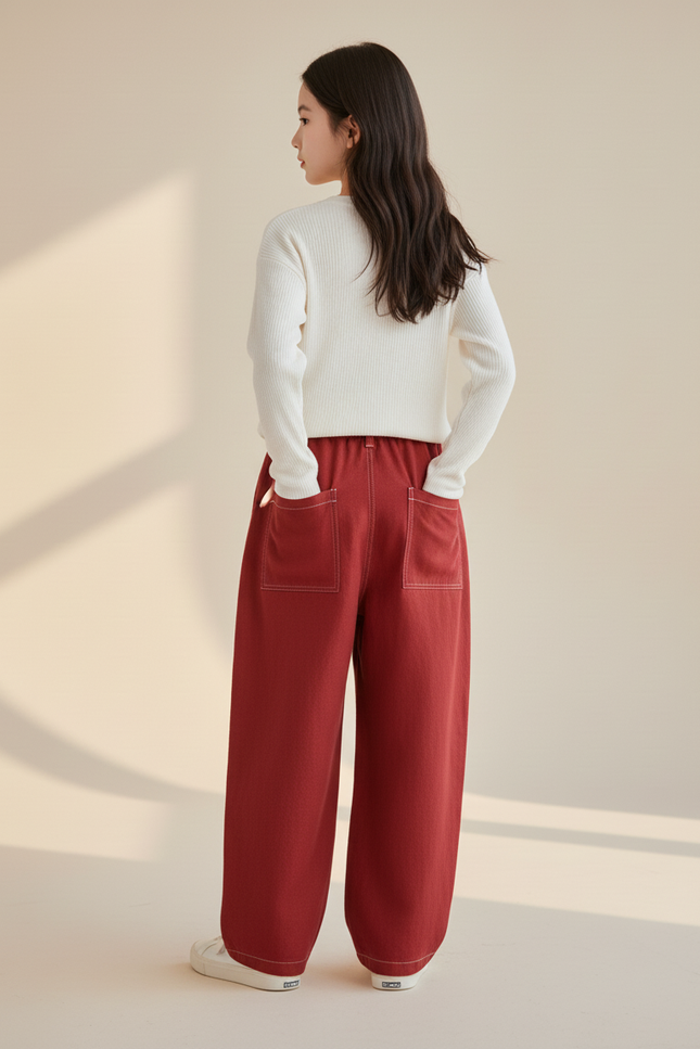 Pantalon Baggy Rouge Ample Enfant Coton Épais - Jean - vue 2