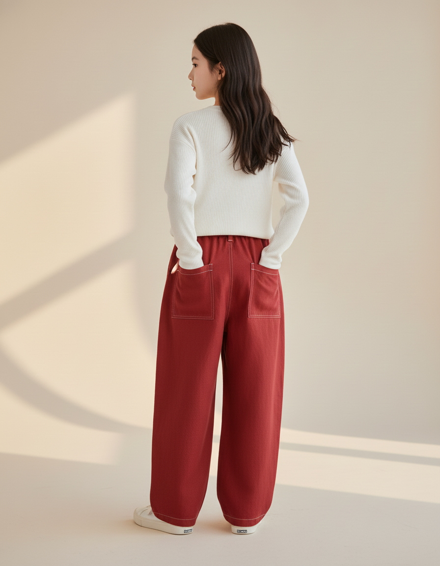 Pantalon Baggy Rouge Ample Enfant Coton Épais - Jean - vue 2