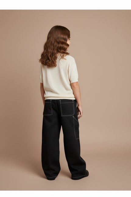 Pantalon Baggy Noir Brodé Ample Décontracté Enfant - Jean - vue 2