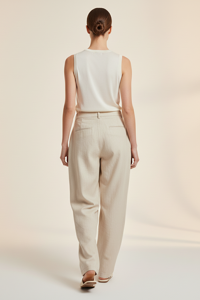 Pantalon Baggy Beige Ample Lin Plissé Femme - vue 2