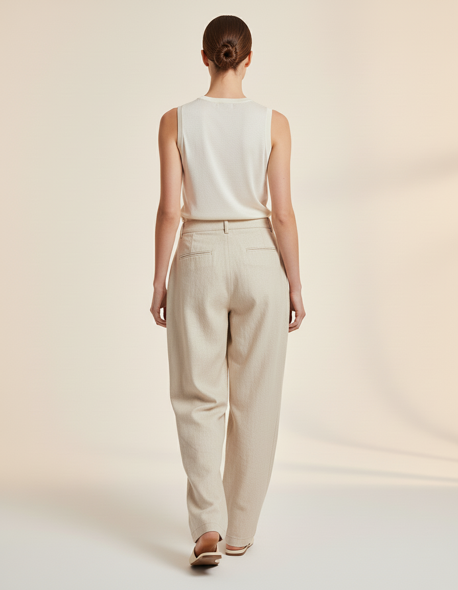 Pantalon Baggy Beige Ample Lin Plissé Femme - vue 2