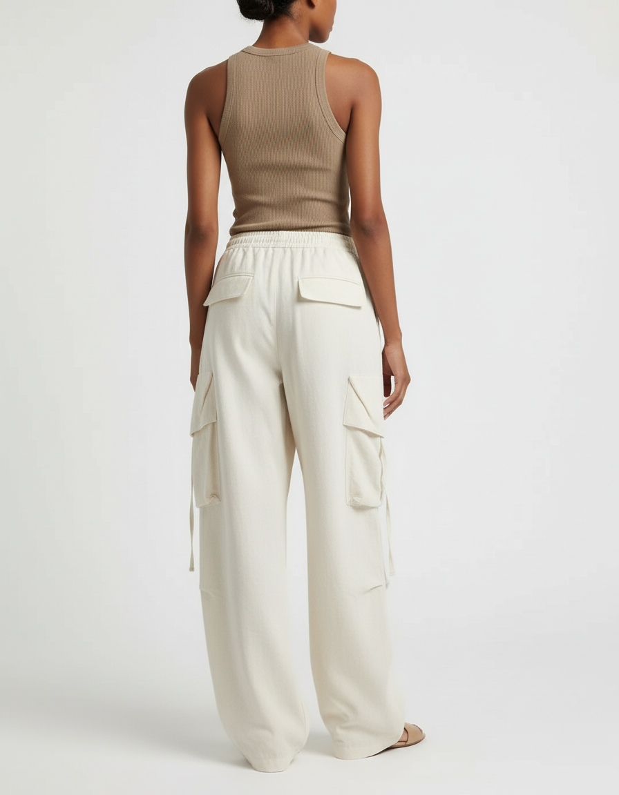Pantalon Baggy Cargo Écru Ample Décontracté Fluide - Beige Toile - vue 2