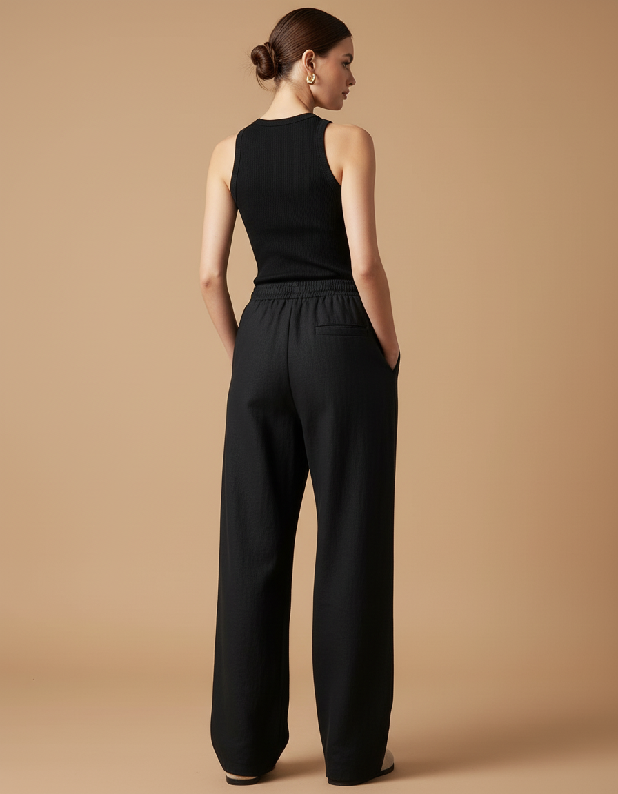 Pantalon Baggy Noir Lin Ample Brodé Décontracté Femme - vue 2