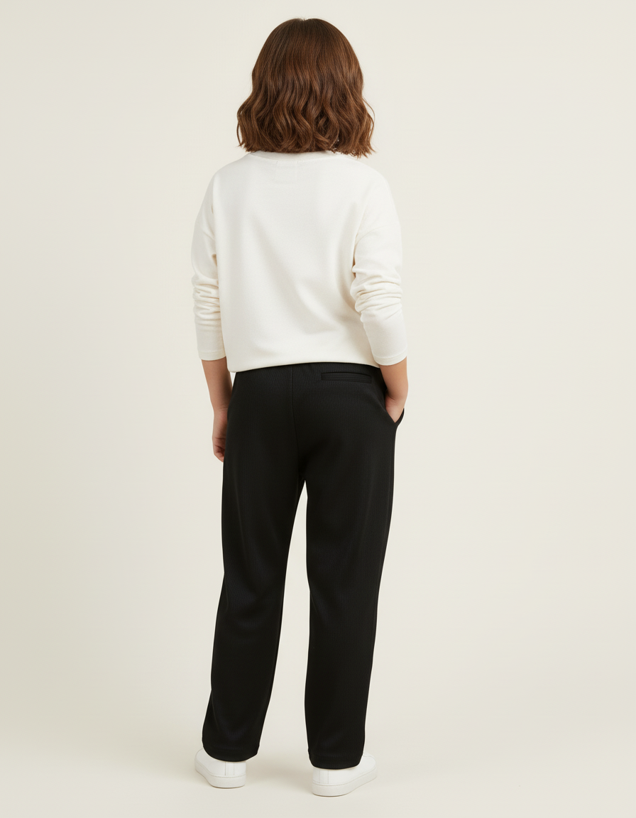 Pantalon Baggy Noir Ample Côtelé Élastique Fille - Cordé - vue 2