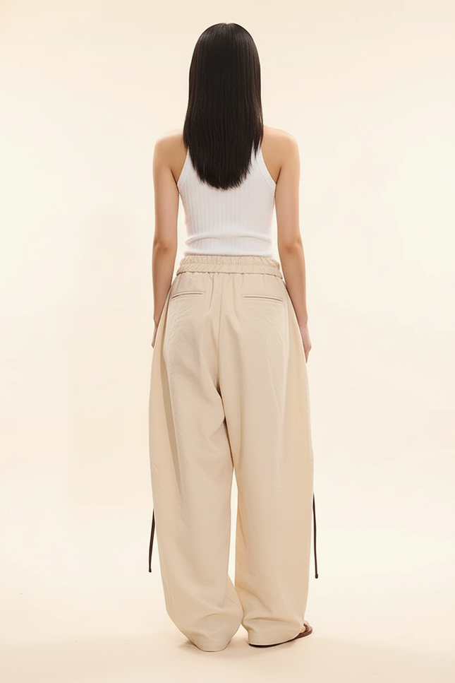 Pantalon Baggy Beige Ample Bretelles Croisées Cargo - Polyester - vue 2
