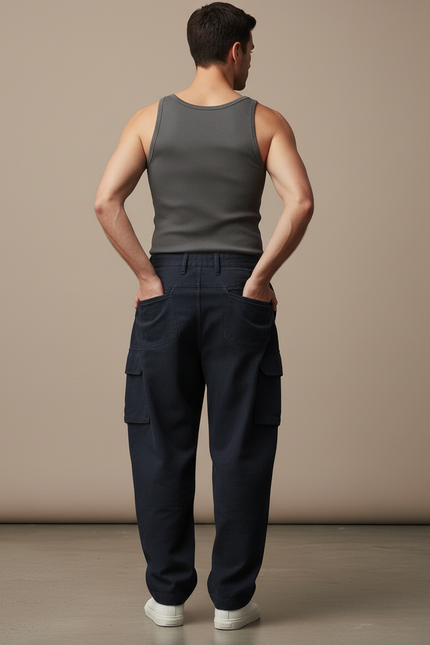 Pantalon Baggy Bleu Marine Coton Cargo Plissé Homme - Toile - vue 2