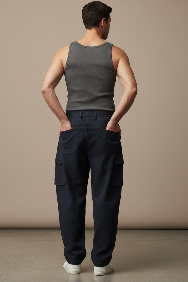 Pantalon Baggy Bleu Marine Coton Cargo Plissé Homme - Toile - vue 2