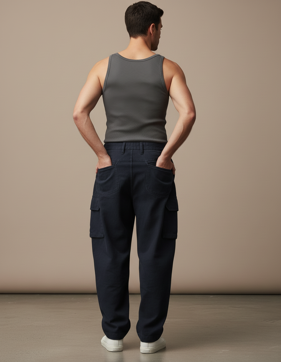 Pantalon Baggy Bleu Marine Coton Cargo Plissé Homme - Toile - vue 2