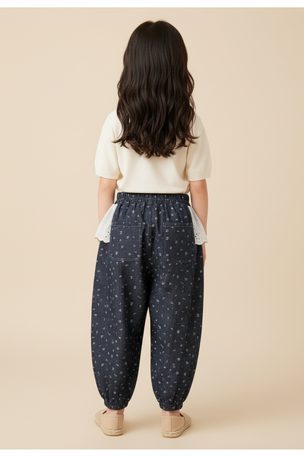 Pantalon Baggy Bleu Marine Ample Fleuri Élastique Fille - Coton - vue 2