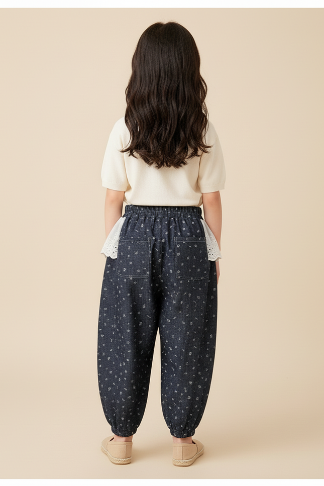 Pantalon Baggy Bleu Marine Ample Fleuri Élastique Fille - Coton - vue 2