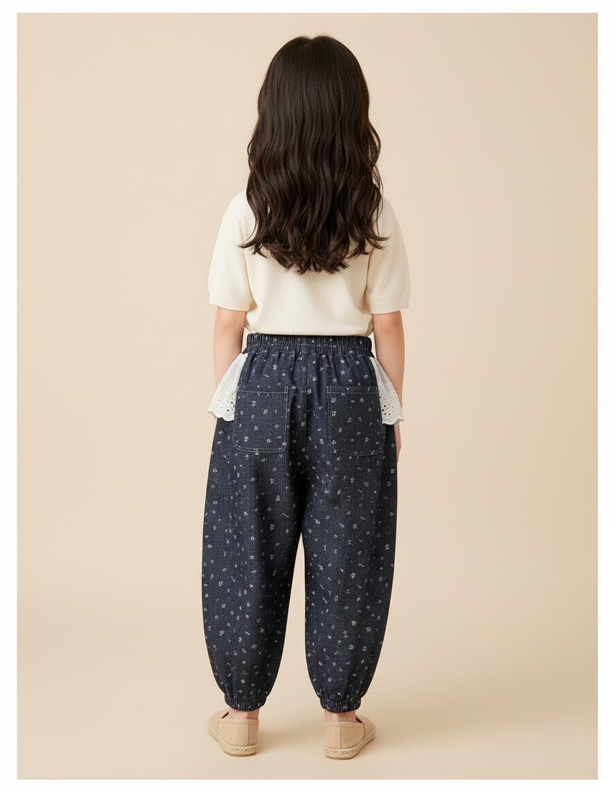 Pantalon Baggy Bleu Marine Ample Fleuri Élastique Fille - Coton - vue 2