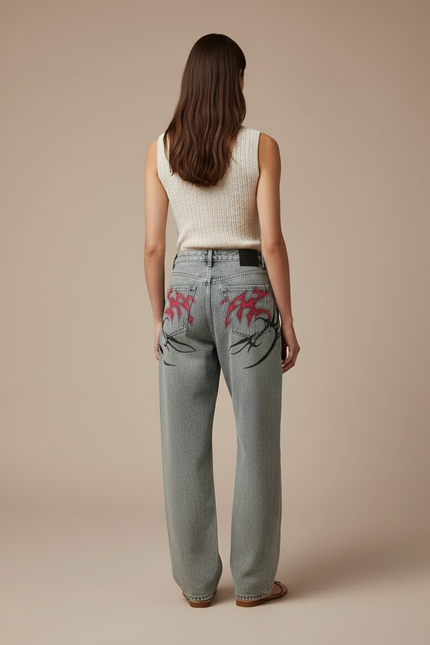 Pantalon Baggy Jean Gris Flammes Rouges Tribales Ample - vue 2