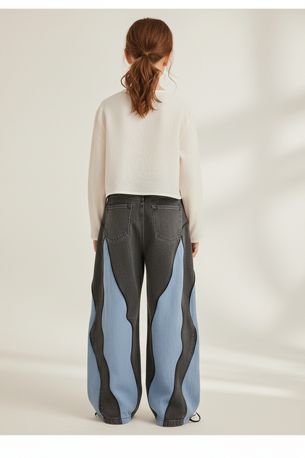 Pantalon Baggy Gris Bleu Ondulé Décontracté - Multicolore Jean - vue 2