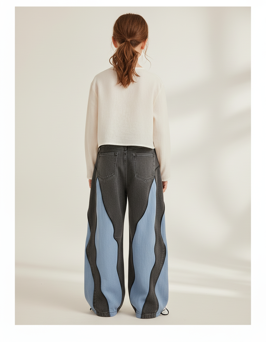 Pantalon Baggy Gris Bleu Ondulé Décontracté - Multicolore Jean - vue 2